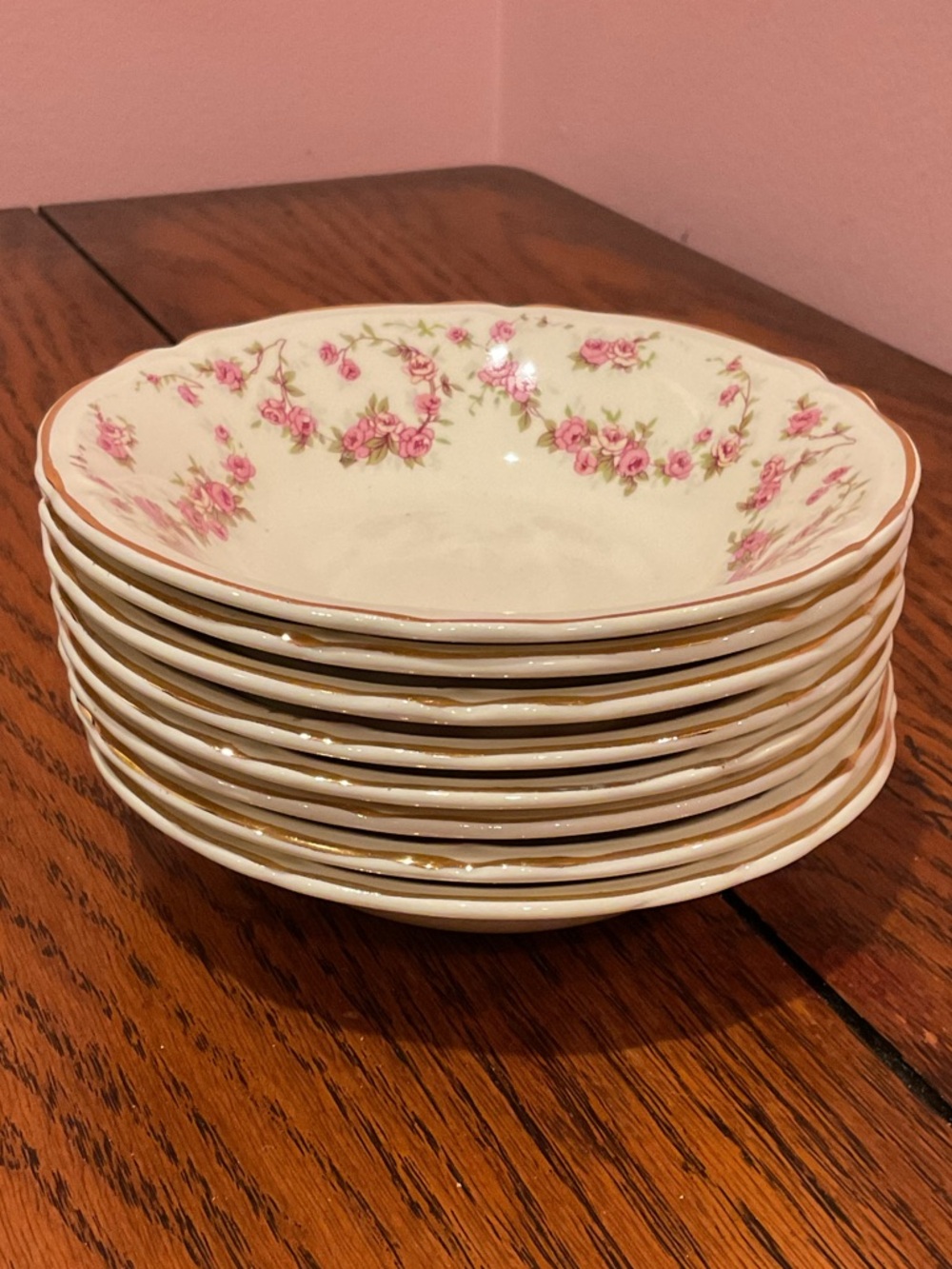 Edwin Knowles Semi Vitreous Floral Pink Rose Porcelain Dessert Bowls - Set of 8
